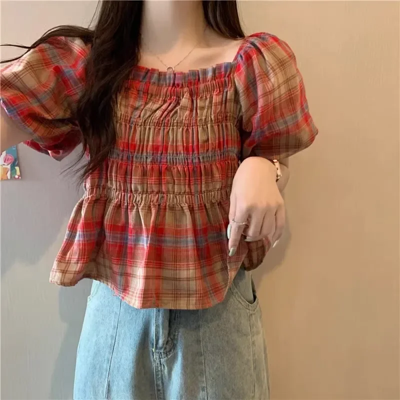 Винтажная клетчатая рубашка с коротким рукавом Стильная Милая острая девушка