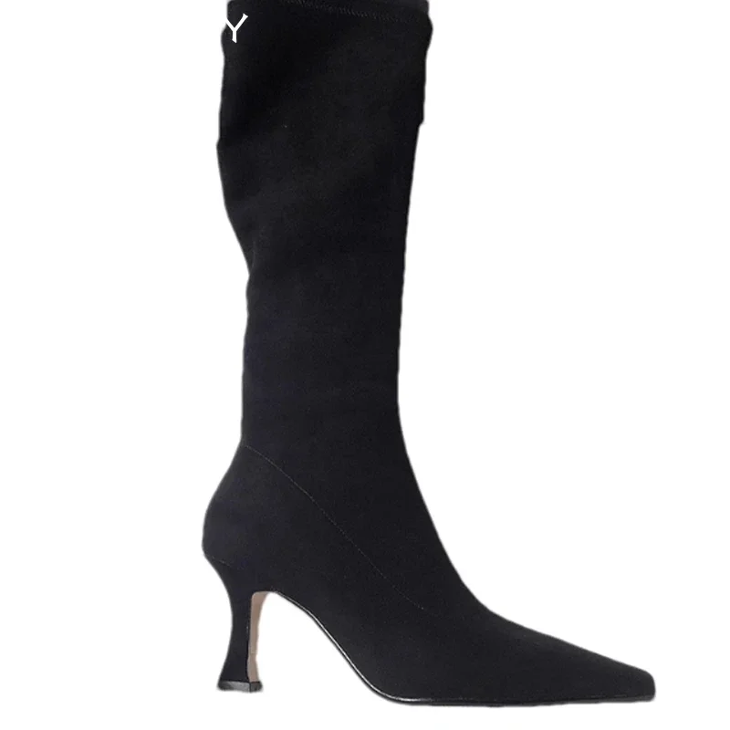 Женские высокие сапоги на высоком каблуке замшевые элегантные до колена с острым
