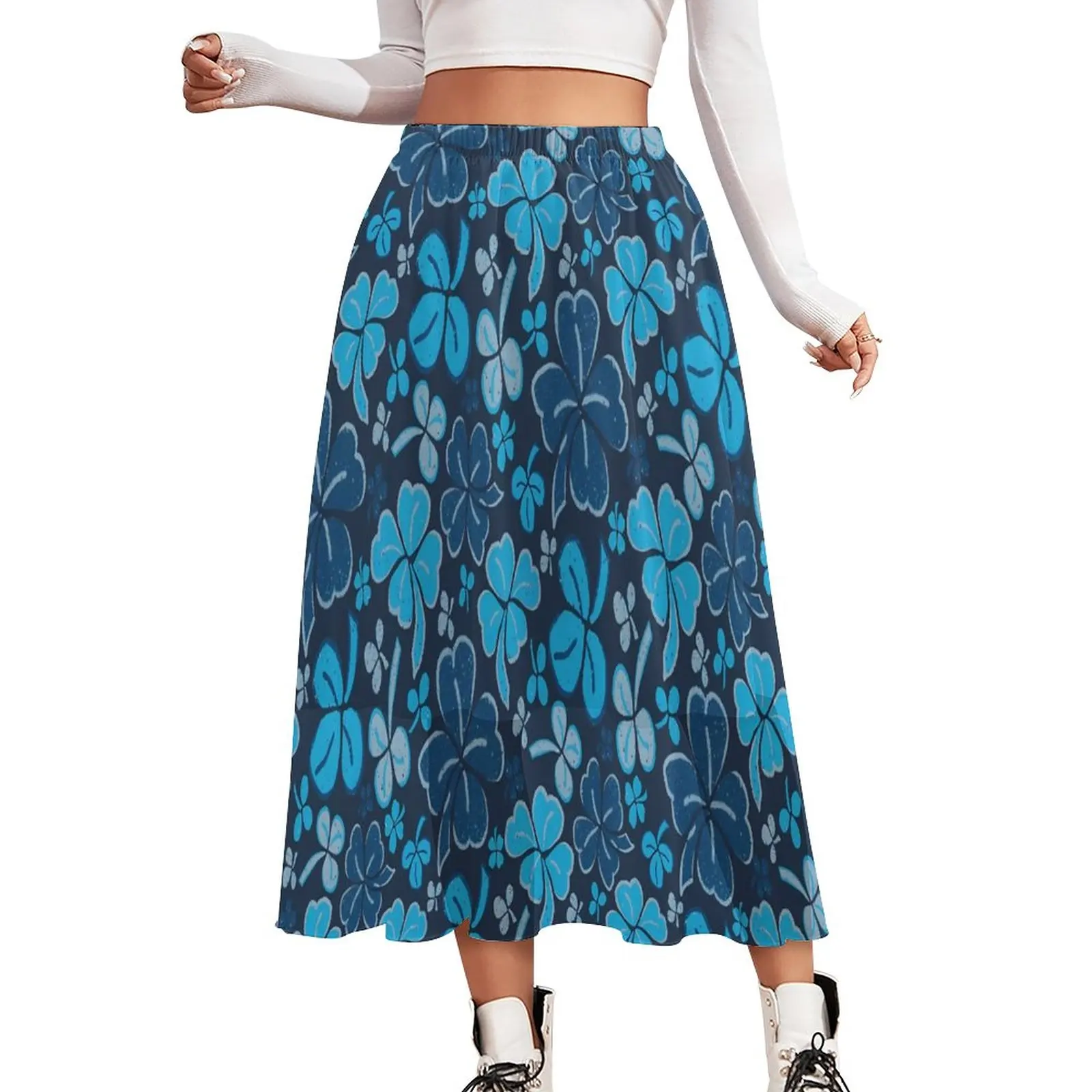 

St Patricks Day Skirt Blue Shamrock Print Cute Boho Skirts Summer Aesthetic Elastic Waist Chiffon Custom Big Size Casual Skirt