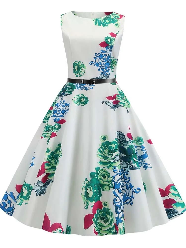 

Summer Dress Women Sleeveless Floral Print Vintage Dress Casual Tank Retro 50s 60s Robe Rockabilly Chic Party Dresses Vestidos