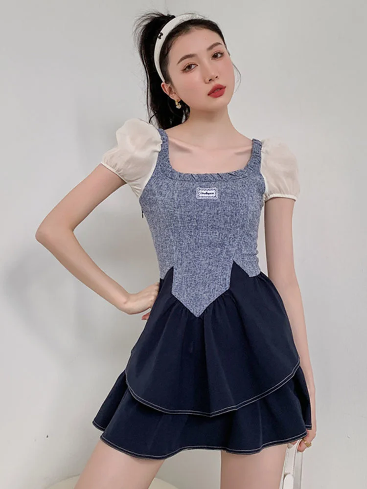 Sweet Square Neck A-line Patchwork Waist Closing Slim Bubble Sleeve Floral Cake Dresses For Women 2022 Summer New B545