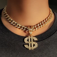 hip hop shiny dollar sign crystal pendant necklace for women men bling iced out cuban link chain necklace fashion punk jewelry