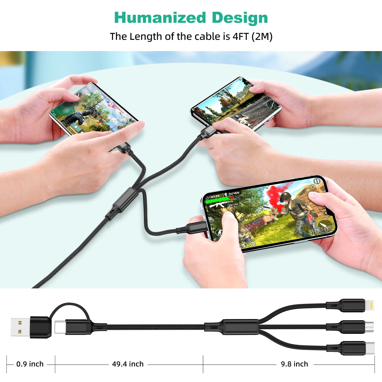 Фото ANMONE 3 в 1, USB-кабель для быстрой зарядки, тип C, кабель для зарядного устройства Micro IOS, 1,2 м, несколько USB-портов, несколько USB-кабелей для зарядки №2