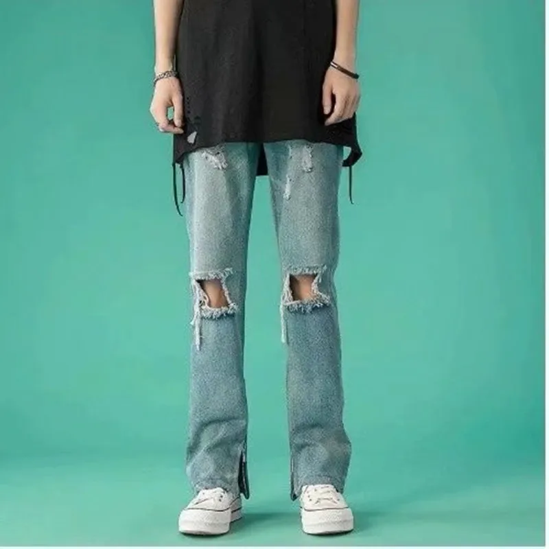 2022 New Fashion Hole Ripped Garbage Men Slim Jeans Trousers Ankle Zipper Hip Hop Black Denim Pants Punk Goth Pantalon Homme