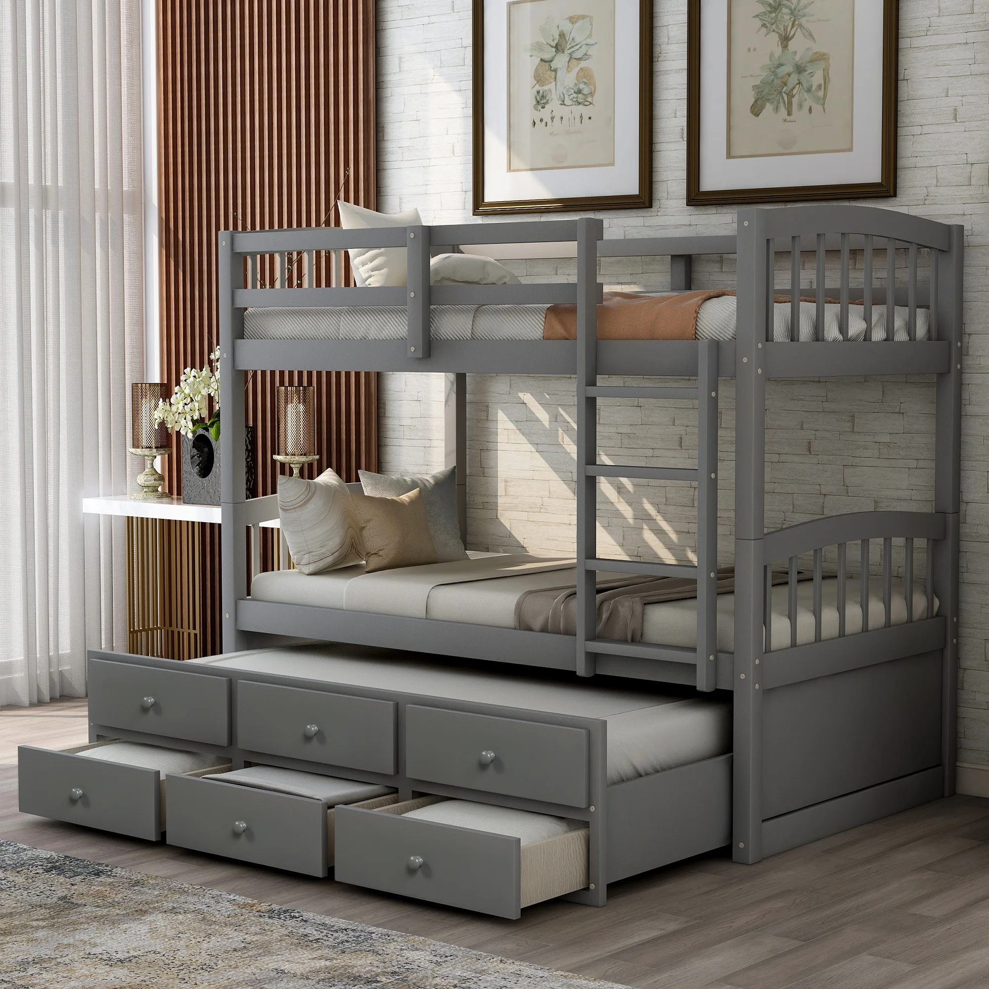 

Home Modern Minimalist Wooden Bedroom Furniture Beds Frames Bases Twin Bunk Bed Ladder Safety Rail Trundle Bed 3 Drawers Gray