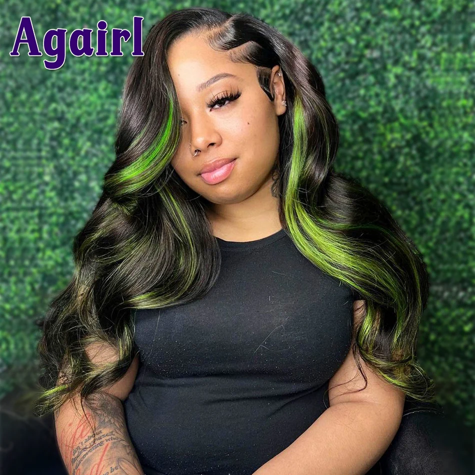 

Green Highlight with Black Body Wave Lace Frontal Wigs Transparent 13x6 Lace Front Human Hair Wigs Malaysian Remy Hair for Women