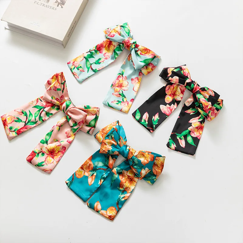 Oversize Flower Print Bow Hair Clip Premium Satin Long Scarf Bowknot Barrette Fashion Boho Hair Grip Headwear