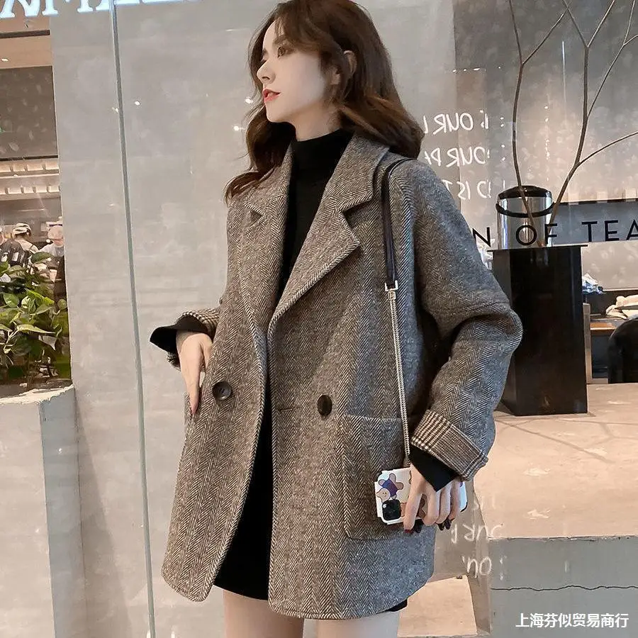 Female autumn and winter fashion new Korean version of the British style woolen loose slim casual suit jacket jackets for women