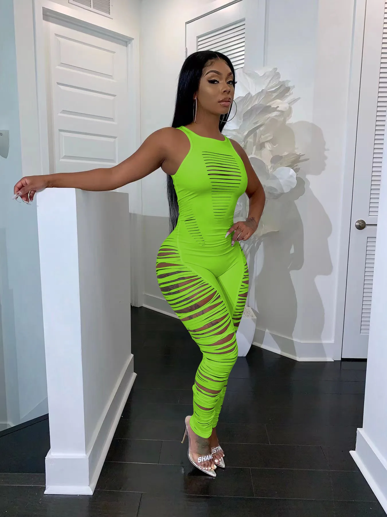 Hole Jumpsuit Women Summer 2022 Sexy Cut Out Sleeveless Cut Out See Through Leggings Club Romper Sport One Piece Overalls Outfit