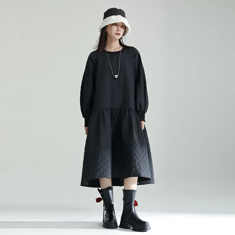 Winter Dress for Women Lantern Sleeve O-neck Loose Japan Style Casual Streetwear Chic Thick Cotton Padded Dresses Female 3734