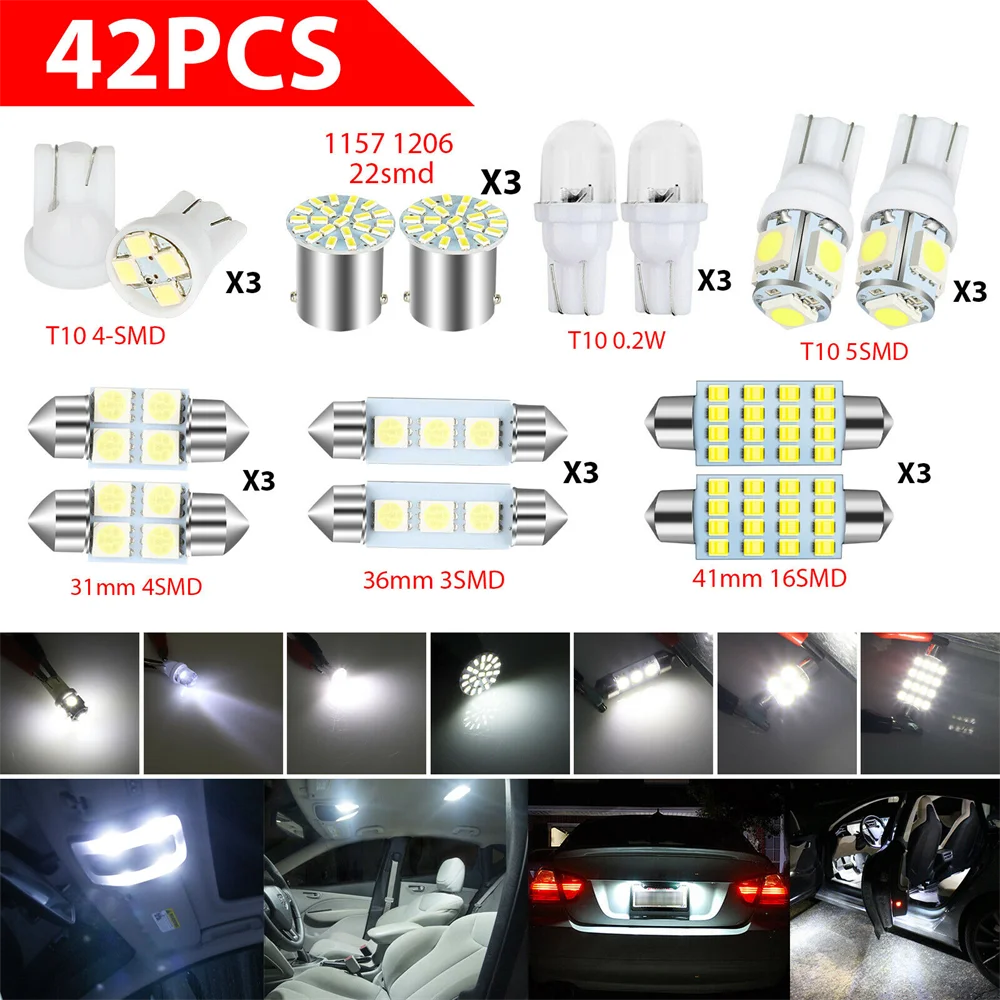 42PCS Car LED Light Kit T10 Double Tip DC 12V White 6000K Interior Map Dome Reading Lamps Trunk License Plate Bulb Replacement