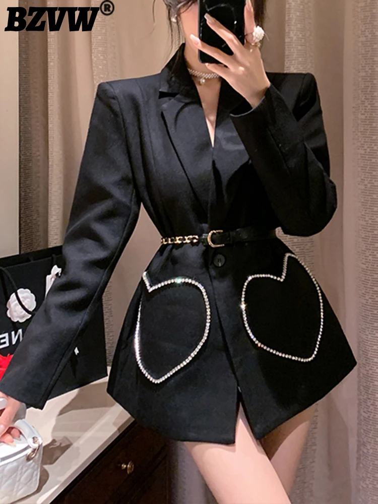 

BZVW High-end Light Luxury Diamonds Love Spliced Designer Blazers Women's 2023 New Trend Belt High Waist Temperament Suit Female