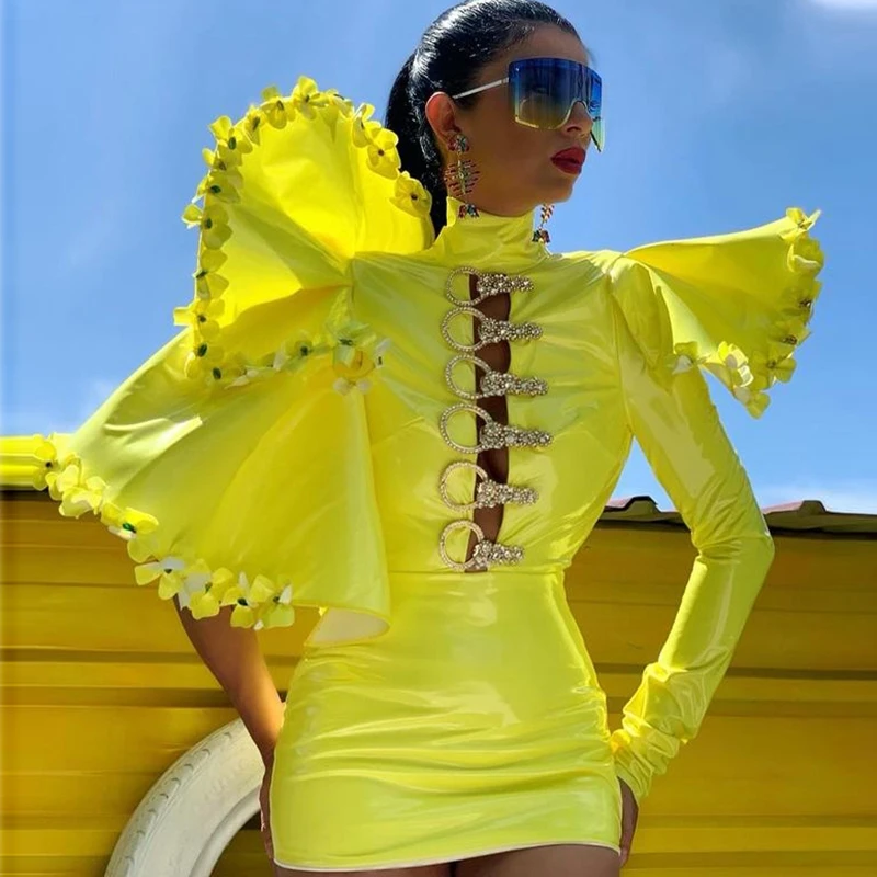 

Fashion Yellow Dress Short Mini Length Rhinestone Prom Dresses With Sleeves Party Dress abendkleider vestidos de cocktail