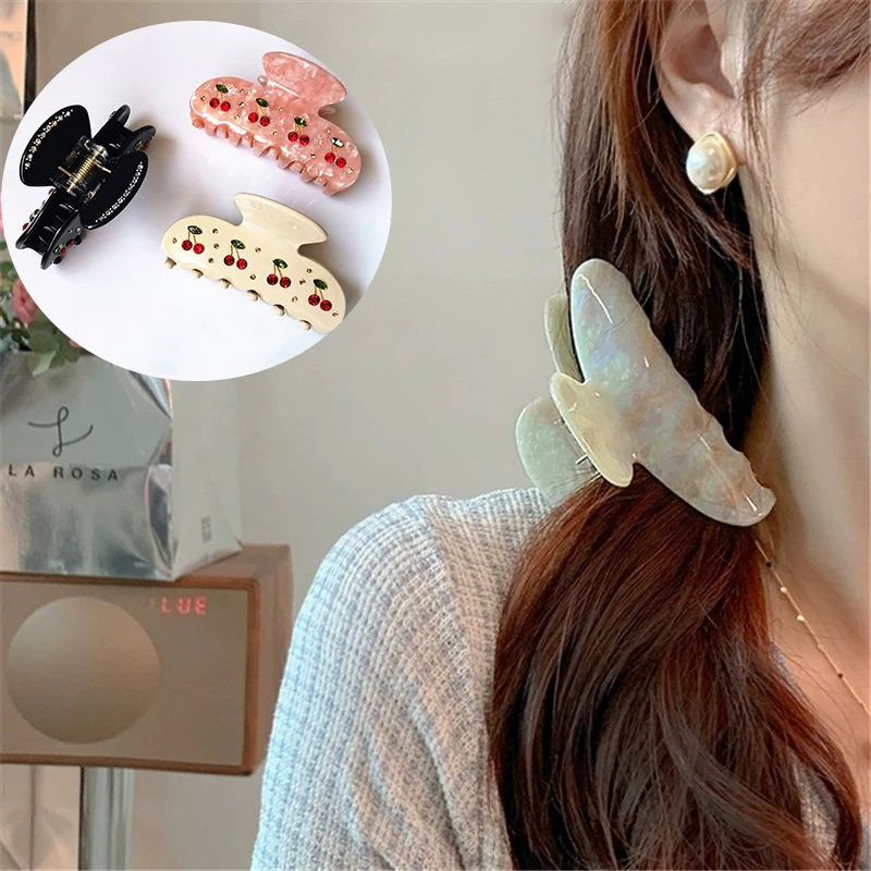 2022 Korea Diamond Cherry Hair Claw Clips For Women Acetate Shark Ponytail Hairpins Headband Girls Fashion Hair Accessories