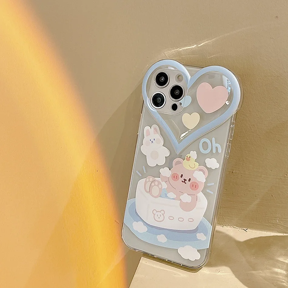 Lens Protection Phone Case For iPhone 13 12 Mini 11 Pro XS Max XR 8 7 Plus Love Heart Shape Cartoon Cute Bear Flower Soft Cover