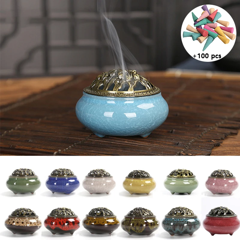 

Black Glaze Ceramic Incense Burner Portable Cover Antique Sandalwood Holder for Tea House, Yoga and Home Support Drop Shipping