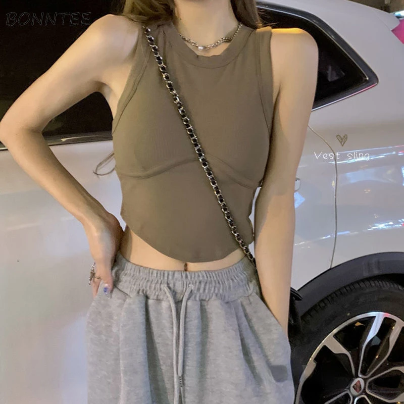 

Sexy Sweet Ins Slim Sporty Young Street All-match Korean Style Casual Elasticity Fashion Tanks Cozy Solid Women Summer Minority