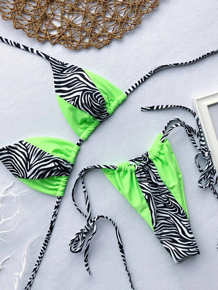 

Zebra Print Halter micro Bikini 2022 women Bandeau String Swimsuit Female swimwear Neon Shiny bikini set Leopard Bathing Suit