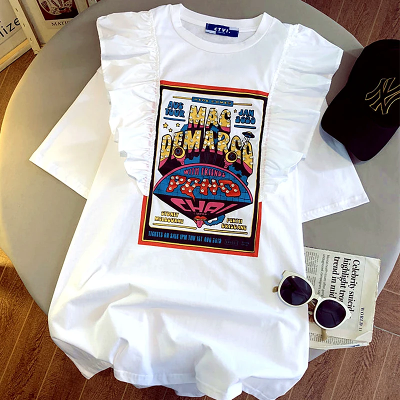 

Футболка женская хлопковая с разрезами, Милый Винтажный топ свободного покроя с оборками и надписью для девушек и женщин, Y2k, в стиле Харадзю...