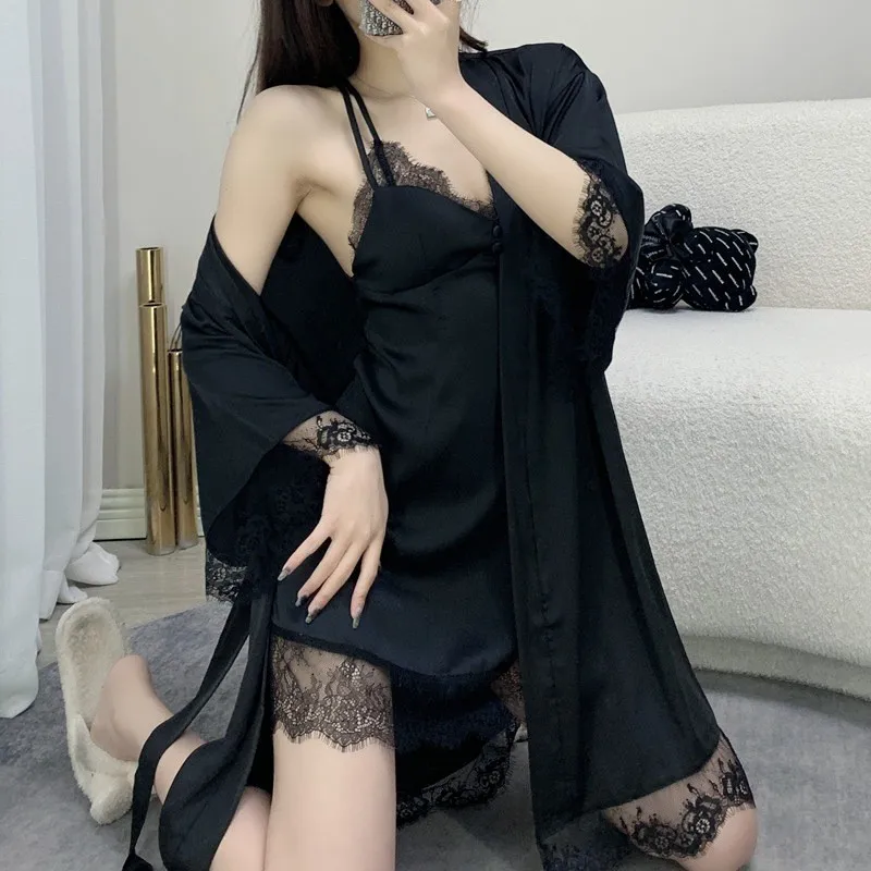 

Button-down Chemise Sleepwear Sexy LACE Patchwork Nightwear Women Spaghetti Sleepdress Soft Satin Nightgown Intimate Lingerie