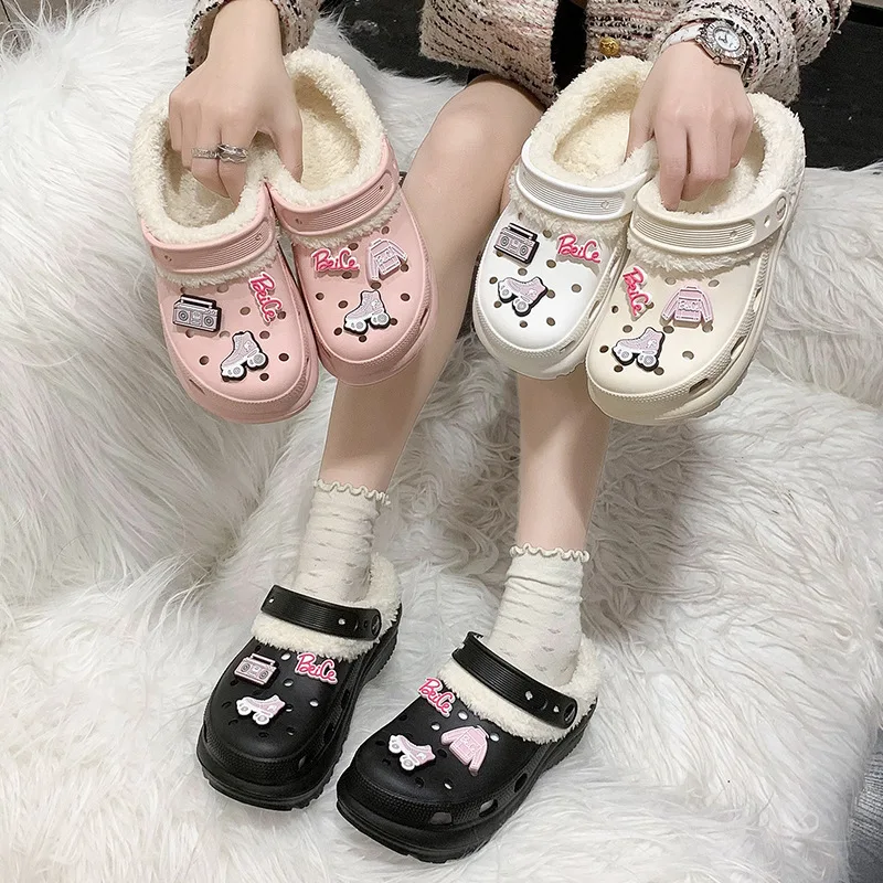 Женские садовые мюли из ЭВА теплые тапки симпатичная обувь с хлопковой