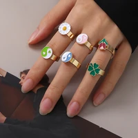 vintage glazed gossip flower adjustable ring for women fashion tulip daisy four leaf clover golden rings korean trend jewelry
