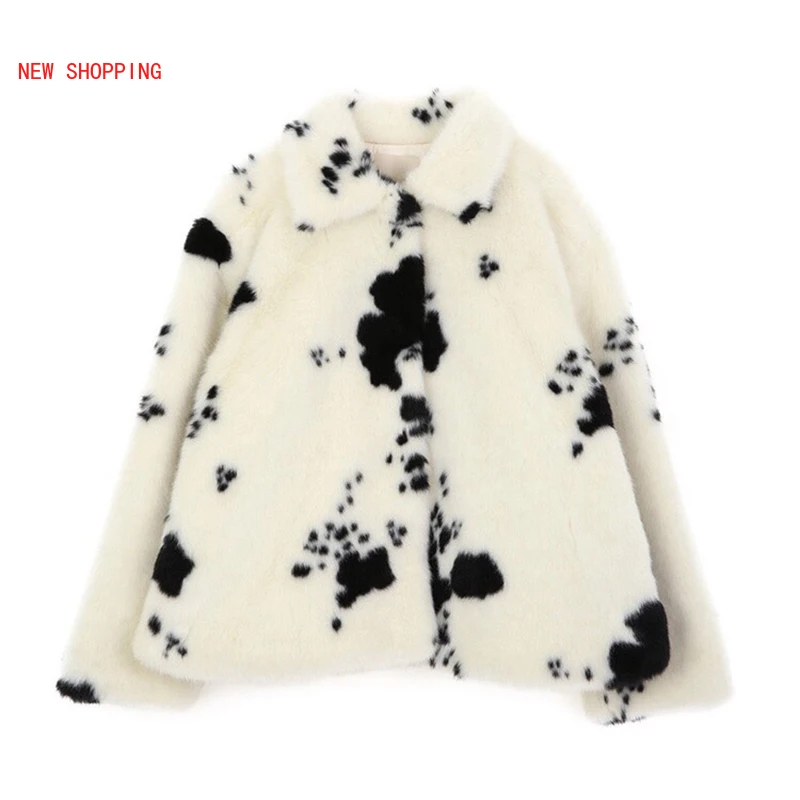 Winter White Faux Fur Coat Women Short Turn-down Collar Thick Warm Overcoat Korean Kawaii Sweet Cow Pattern Plush Coats Mink Fur