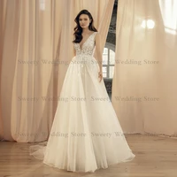 modern wedding dress 2022 sexy v neck sleeveles see through beading lace a line soft tulle sweep train bridal gown