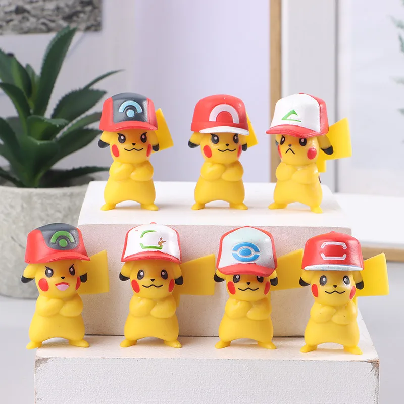 

7Pcs Anime Pokemon Action Figure Pikachu Ash Ketchum Hat Pokemon Trainer Kawaii Figurine PVC Collectible Model Doll Toy Kid Gift