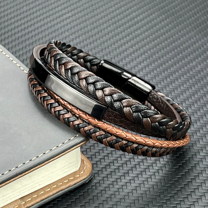 

Fashion Charm Men Bracelet Multi-Layer Genuine Leather Bracelet Punk Jewelry Stainless Steel Magnetic Buckle Clasp Boho Bangles