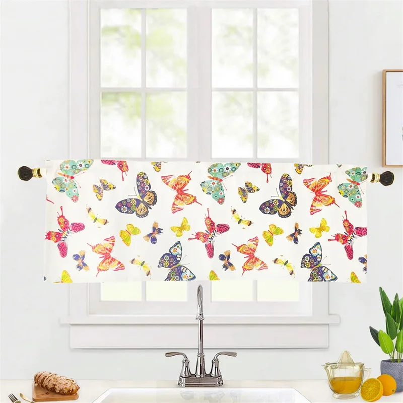 

Home Accessories Short Curtain Half Curtain Colorful Print Butterfly Kitchen Curtain Piercing Drape Decoration