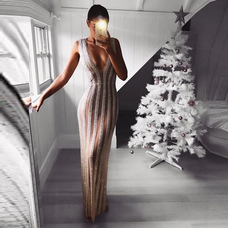 

2023Casual elegant comfortable slim dress, new dress sexy deep V sleeveless Sequin dress perspective dress