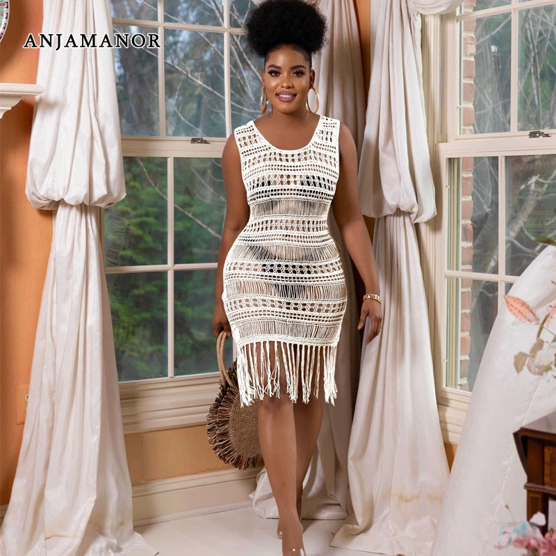 

Женское трикотажное пляжное платье с бахромой, без рукавов