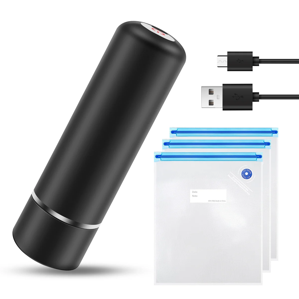 Food Vacuum Sealer Machine Set with 3 Bags USB Rechargeable Handheld Pump for Foodsaver (Black)