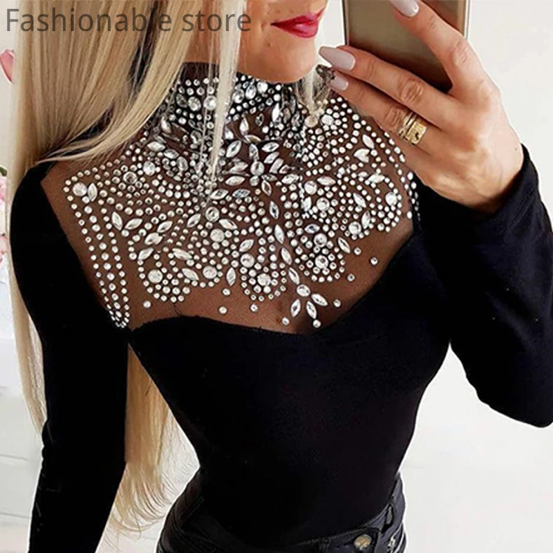 

Женские сексуальные обтягивающие Футболки Стразы, дизайнерский контрастный сетчатый топ с длинным рукавом