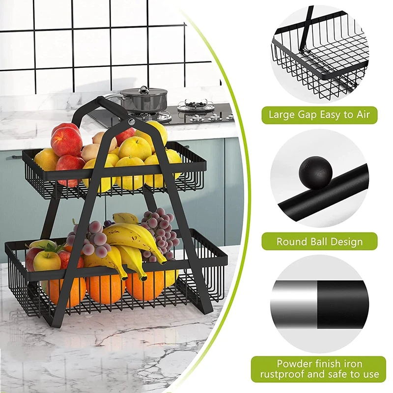 

2 Tier Fruit Basket Large Fruit Basket Display Stand Detachable Iron Fruits Breads Snacks Countertop Storage Organizer