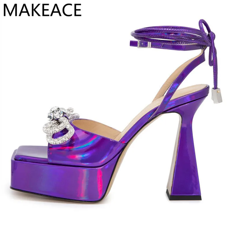 

Summer New Crystal Bowknot High Heels Platform Women Sandals Square Toe Ankle Cross Straps Wedding Rhinestone Shoes Woman 2022