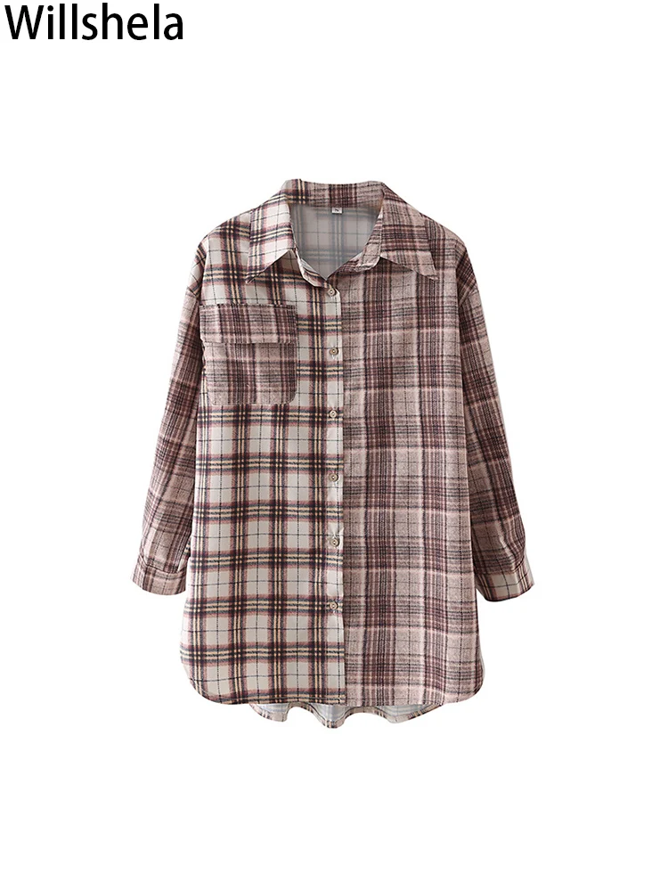 

Willshela Женская мода с карманом клетчатые однобортные блузки винтажные лацканы шеи с длинными рукавами женские шикарные рубашки