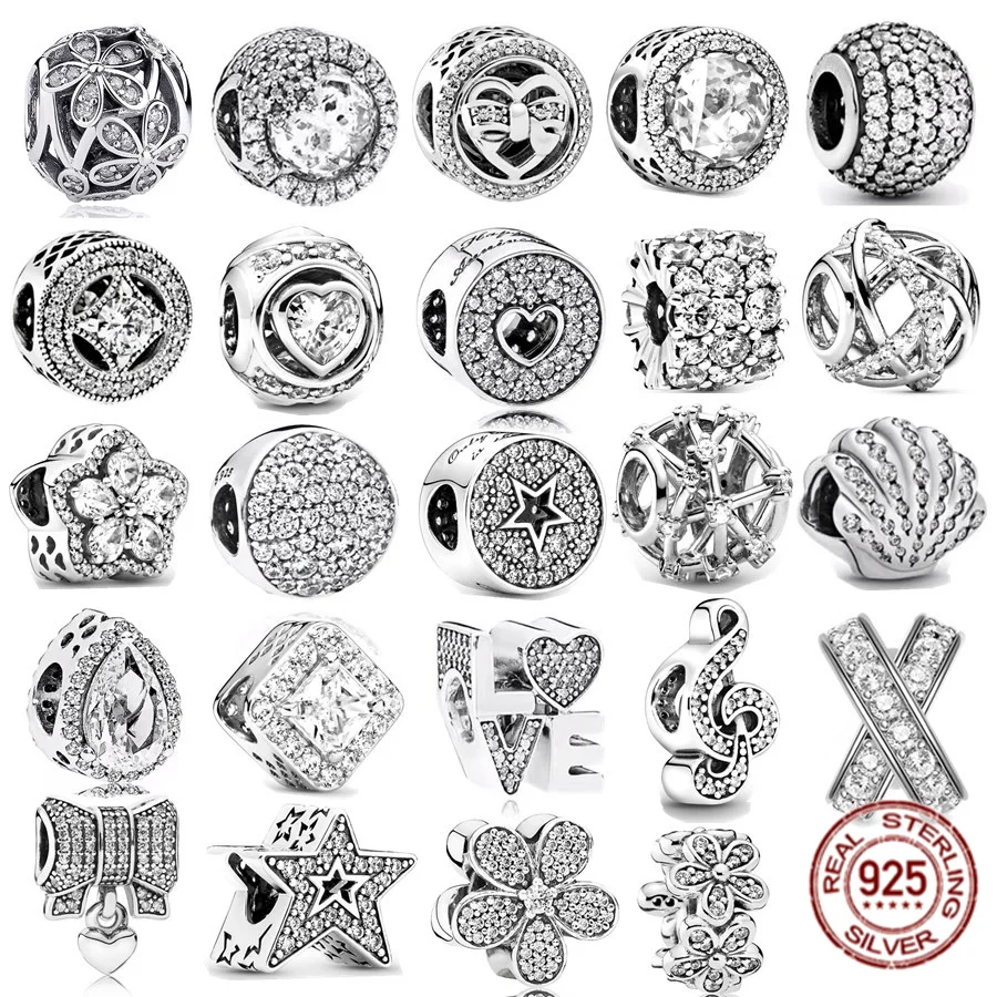 Серебро 925 пробы, блестящий лук и любовь, пятиугольные Звездные линии, перфорированные бусины, подходят для оригинального браслета Pandora, DIY ювелирные изделия