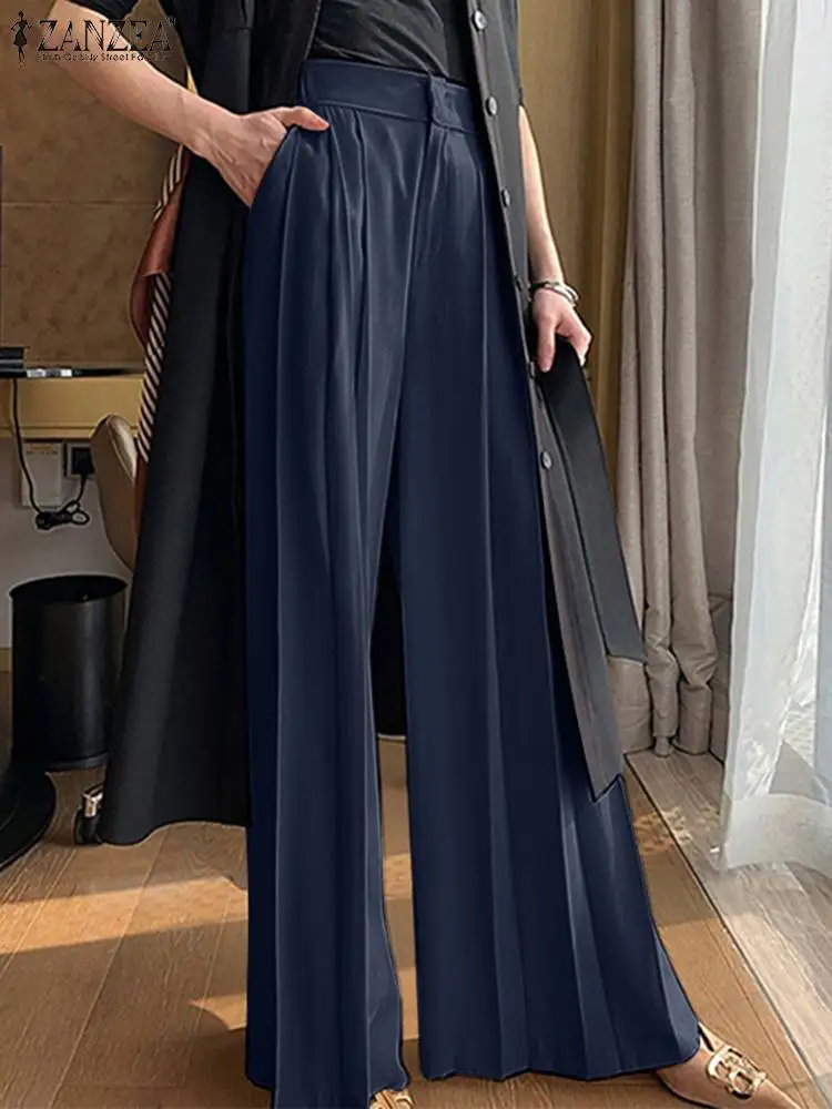 

Spring Elegant Office Lady Long Flare Pants 2022 ZANZEA Stylish Women Wide Leg Trousers Casual High Waist Solid Loose Pantalon