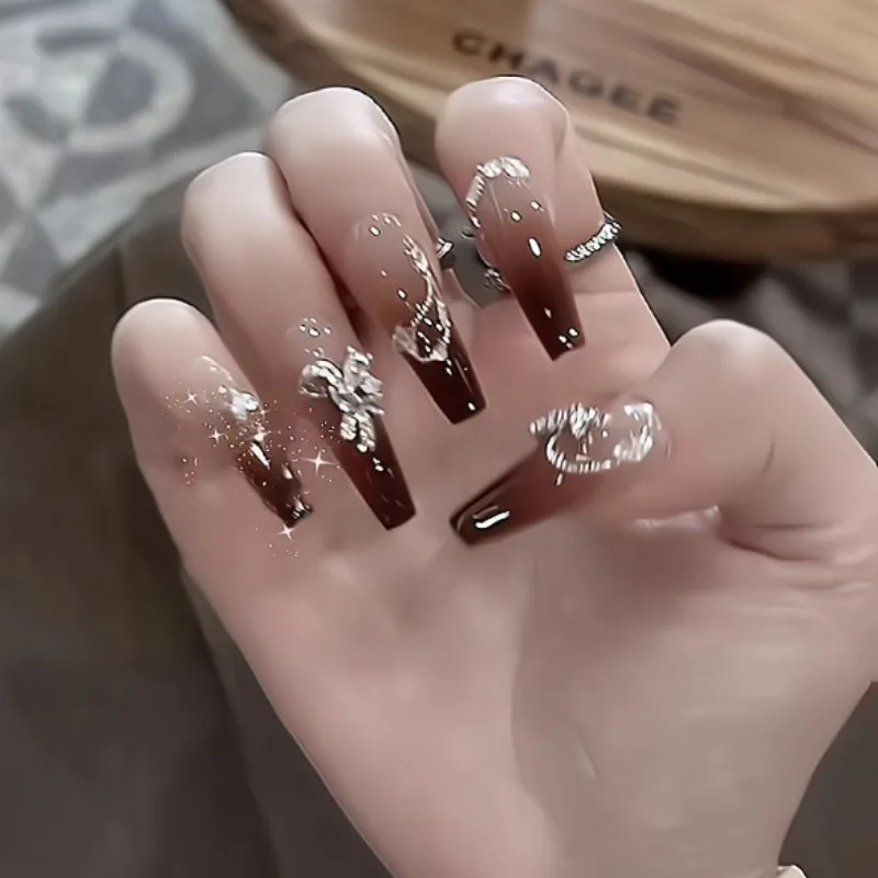 Балетные ногти ручной работы Пресс на 2025 Бордовые накладные с дизайном 3d Бабочка