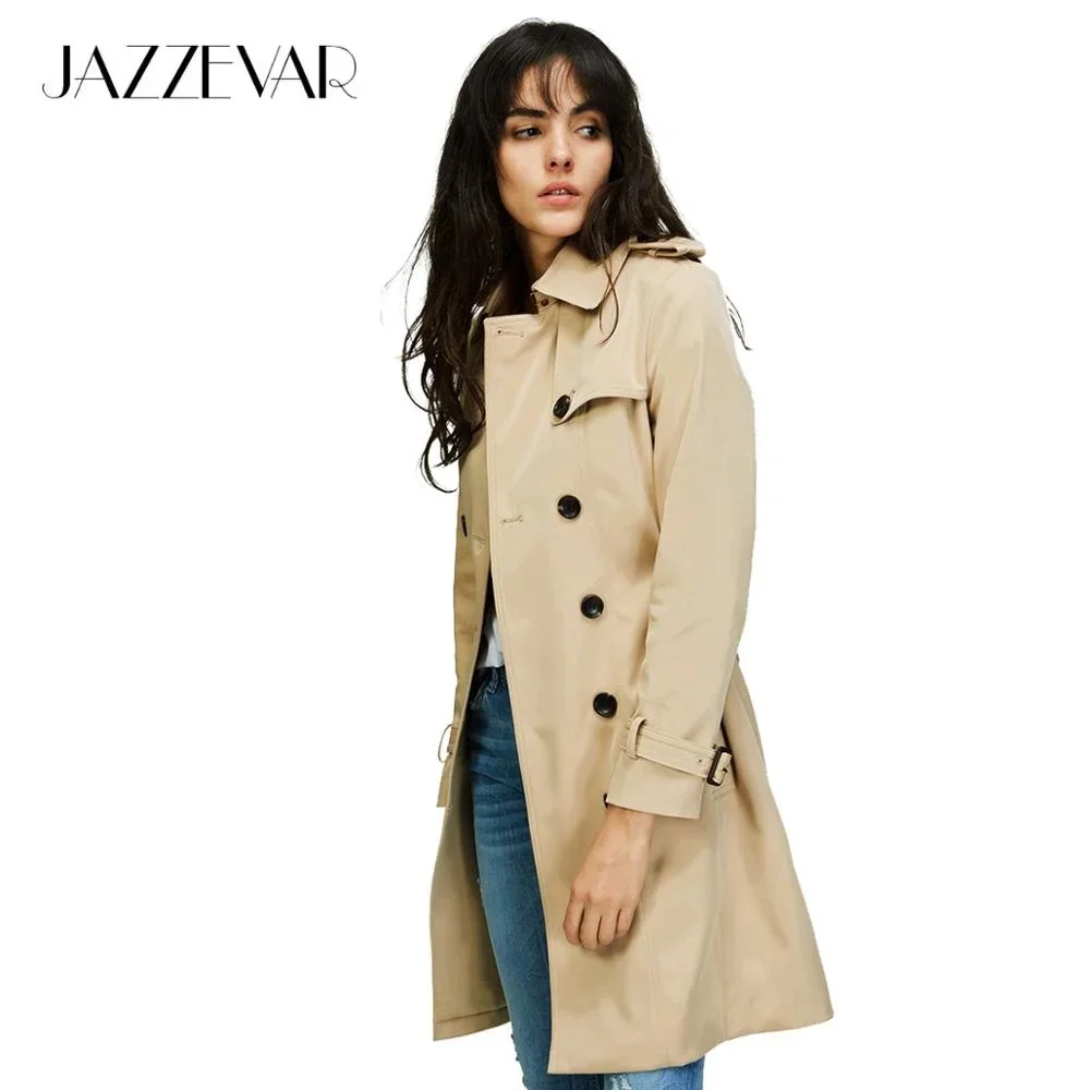 

JAZZEVAR 2023 Spring New High Fashion Brand Woman Classic Double Breasted Trench Coat Waterproof Raincoat Business Outerwear