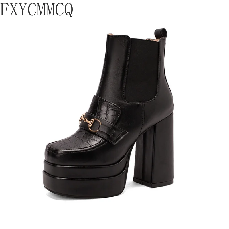 FXYCMMCQ 2022 Autumn and Winter Trendy Square Toe High-heeled Short Boots Temperament All-match Women's Boots 33-67