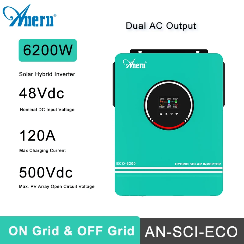 

Anern 6.2KW 4.2KW 3KW 1.6KW Hybrid Inverter Off Grid Dual AC Output MPPT 120A on Grid Solar Inverter 48V 24V 12V 230V PV 500Vdc