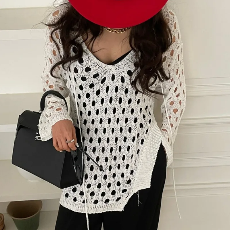 

Корейская ажурная блузка, вязаный свитер с длинным рукавом, асимметричный пуловер