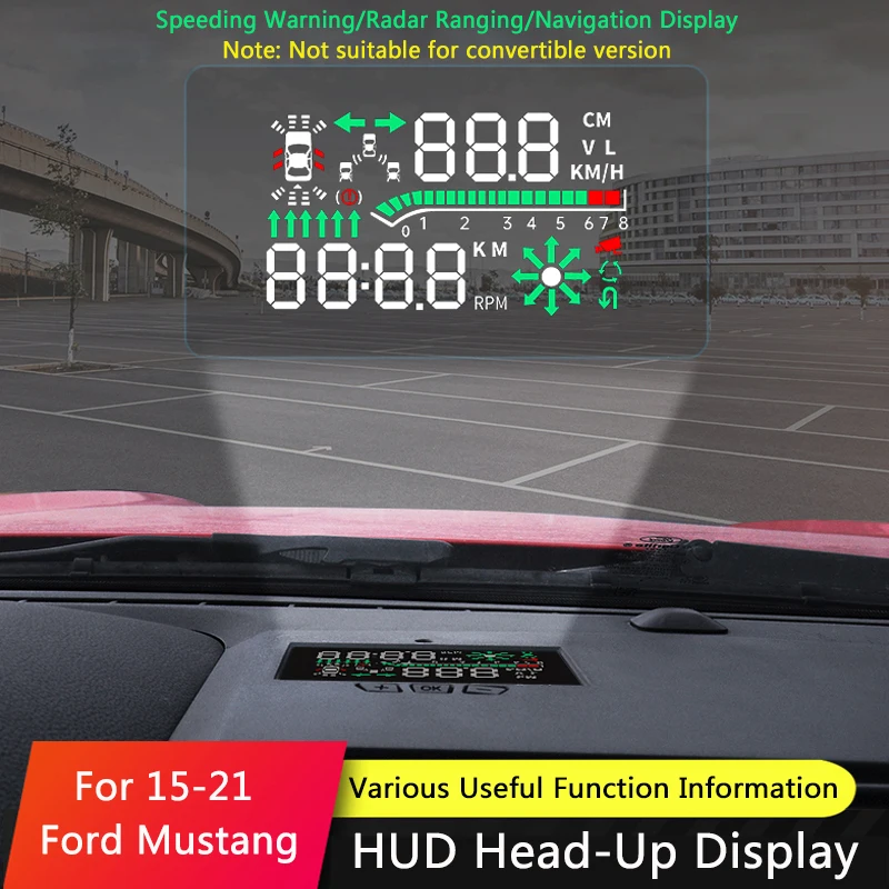 Фото Автомобильный HUD-дисплей QHCP, безопасный привод, отражающий экран на лобовое стекло, наклейка для проектора, подходит для Ford Mustang 2015-2021, аксесс... №1