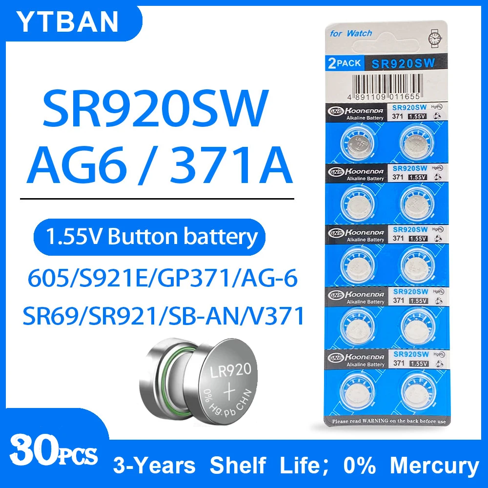 30 шт., кнопочные батарейки AG6 1,55 SR920SW LR920 SR927 371 171 L921 LR69 SR920