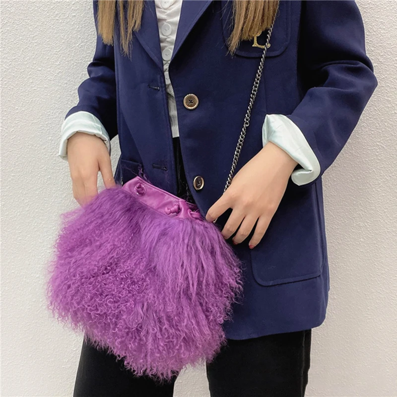 

Women's Fashion New Real Long Curl Wool Bag Beach Wool Fur Shoulder Bag Ladies Handbag Luxury Mongolian Sheep Fur Handbags S3136