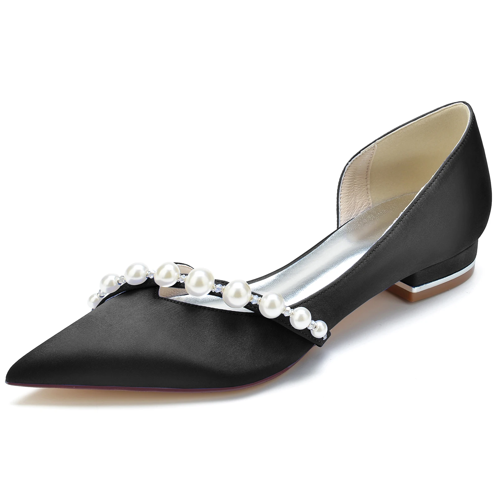 

Women Flats Shoes Wedding Pointed Toe Satin Pearl for Bride Comfortable White Bridal Shoes with Ankle Strap Prom Party Pumps