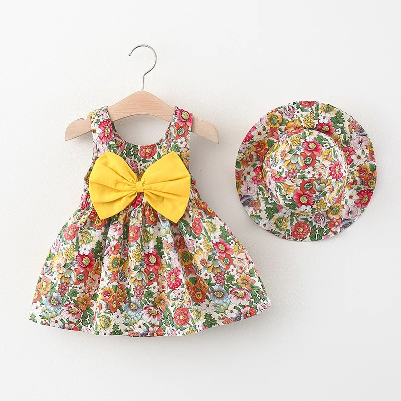 2PCS Girls Summer Dress Casual Fashion Vintage Style Floral Princess Dress Bow Children Clothing Toddler Kids Clothes Vestidos